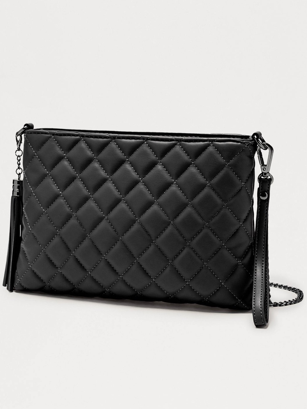 Quilted Black Crossbody Clutch with Tassel